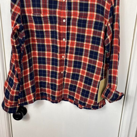 Birds of Paradis Beth Safari Shirt Plaid Button Down Red Navy Cotton– Size L NWT - Picture 7 of 12